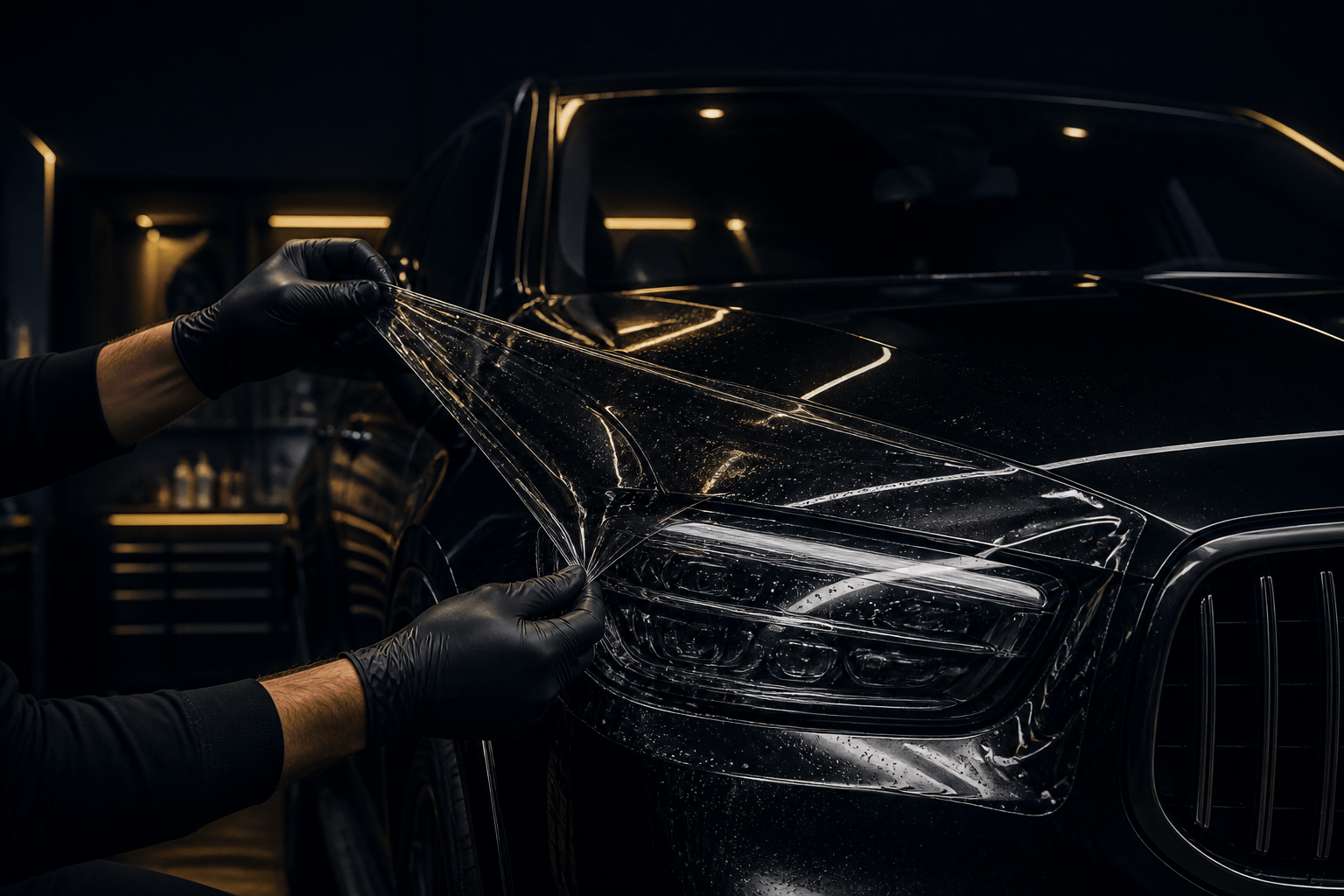 Clear paint protection film applied to a vehicle bonnet
